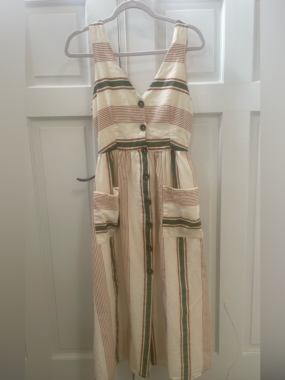 Sleeveless Cream Striped Button-Front Dress with Pockets